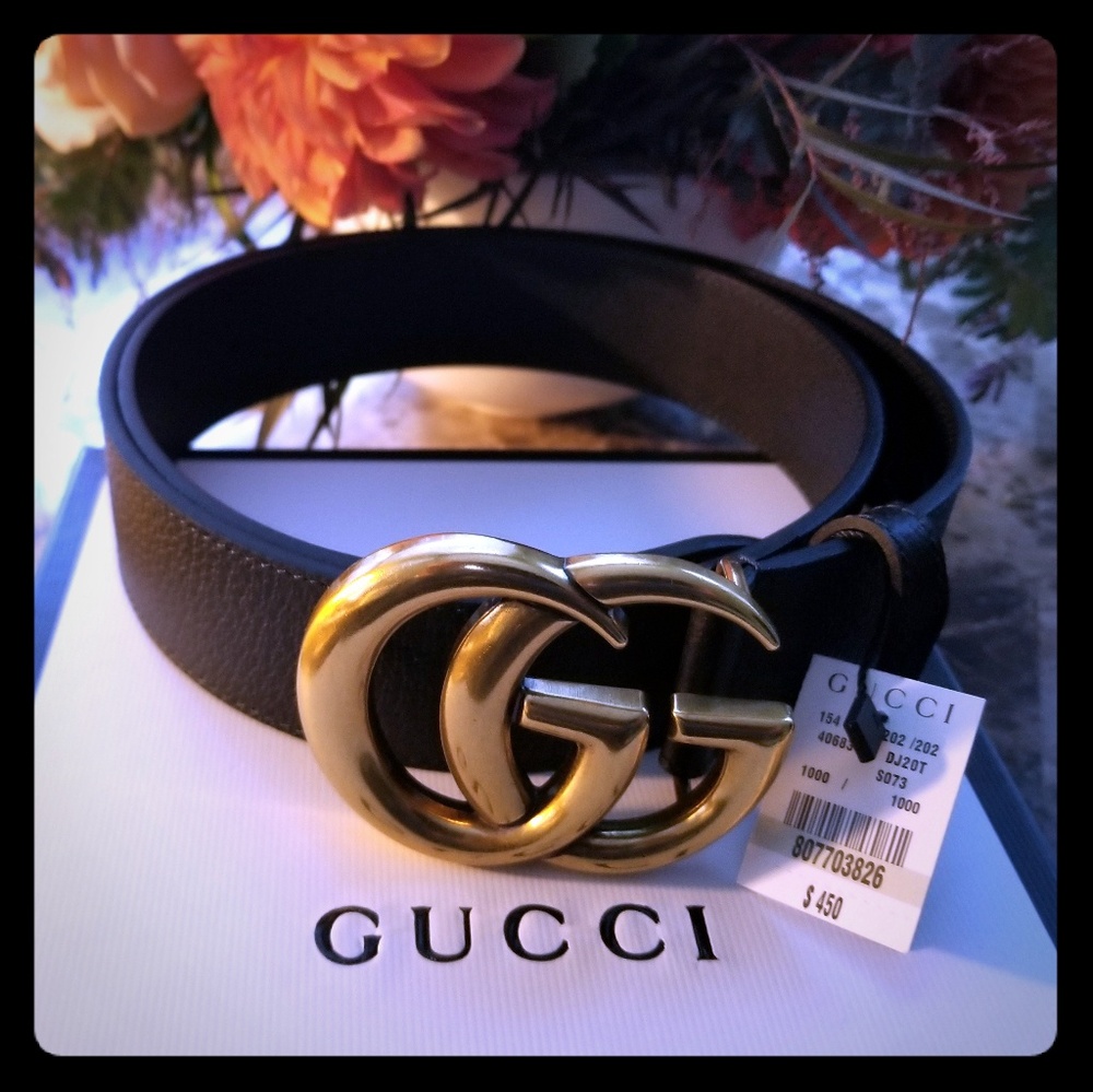 MEN'S GUCCI BLACK LEATHER W GOLD GG BUCKLE